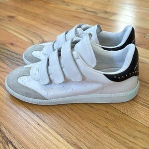 Isabel Marant - Beth crystal-detailed perforated suede-trimmed leather sneakers